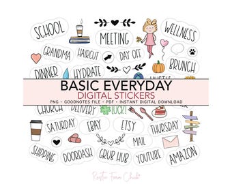 BASIC EVERYDAY Digitale Aufkleber, täglich vorgeschnittene digitale Planer Aufkleber, GoodNotes Aufkleber, Bonus Aufkleber