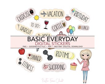 BASIC EVERYDAY Digitale Aufkleber, täglich vorgeschnittene digitale Planer Aufkleber, GoodNotes Aufkleber, Bonus Aufkleber