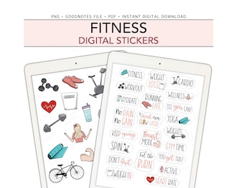 FITNESS Digital Stickers for GoodNotes, Gym Workout Pre-cropped Digital Planner Stickers, Bonus Stickers