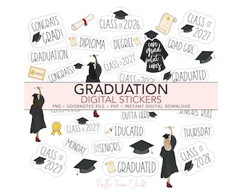 GRADUATION Digitale Planer Aufkleber, Klasse von 2026 2027 2028 2029, vorgeschnittene GoodNotes Aufkleber, Bonus Aufkleber