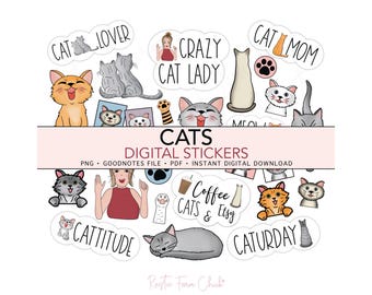 CATS & KITTENS Pre-cropped Digital Planner Stickers, GoodNotes Stickers, Crazy Cat Lady, Bonus Stickers