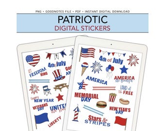 PATRIOTIC Digital Stickers for GoodNotes, America, Red White & Blue, 4th of July, Pre-cropped Digital Planner Stickers, Bonus Stickers