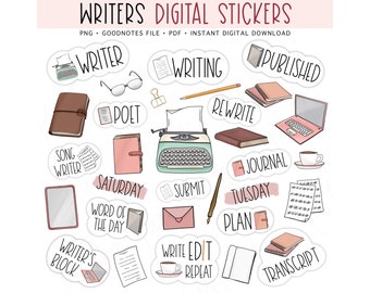 WRITERS Digital Stickers for GoodNotes, Writing Pre-cropped Digital Planner Stickers, GoodNotes Stickers, Bonus Stickers