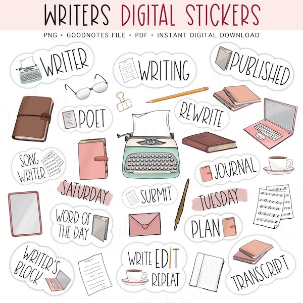 WRITERS Digital Stickers for GoodNotes, Writing Pre-cropped Digital Planner Stickers, GoodNotes Stickers, Bonus Stickers