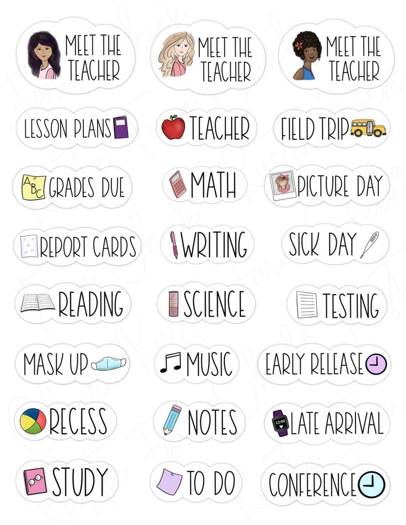 Pu&ograve; includere: Un foglio di adesivi per planner con vari temi scolastici. Gli adesivi includono illustrazioni e testo come "Meet the Teacher", "Lesson Plans", "Grades Due", "Math", "Reading" e "Science".