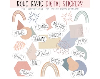 BOHO BASIC Digital Stickers for GoodNotes, Neutral Colors, Planner Words Pre-cropped Digital Planner Stickers, Bonus Stickers