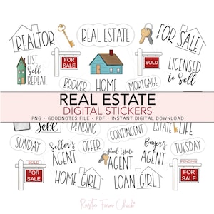 Op de afbeelding: Een verzameling digitale stickers met vastgoedthema's. De stickers bevatten zinnen als 'Realtor', 'Te koop', 'Verkocht' en 'Home'. Er zijn ook afbeeldingen van huizen, sleutels en borden. De tekst 'Real Estate Digital Stickers' is ook aanwezig.