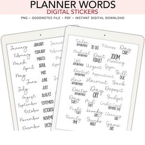 May include: Digital planner stickers displayed on two tablet screens. The text includes PLANNER WORDS DIGITAL STICKERS, PNG, GOODNOTES FILE, PDF, INSTANT DIGITAL DOWNLOAD, months of the year, and various appointment and task labels in black font.
