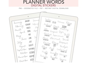 PLANNER WORDS Digital Stickers, Basic Calendar Pre-cropped Digital Planner Stickers, GoodNotes Stickers, Bonus Stickers