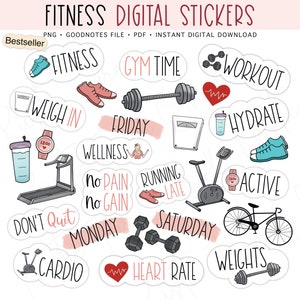 FITNESS Digital Stickers for GoodNotes, Exercise Pre-cropped Digital Planner Stickers, GoodNotes Stickers, Bonus Stickers image 1