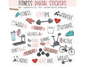 FITNESS Digital Stickers for GoodNotes, Exercise Pre-cropped Digital Planner Stickers, GoodNotes Stickers, Bonus Stickers