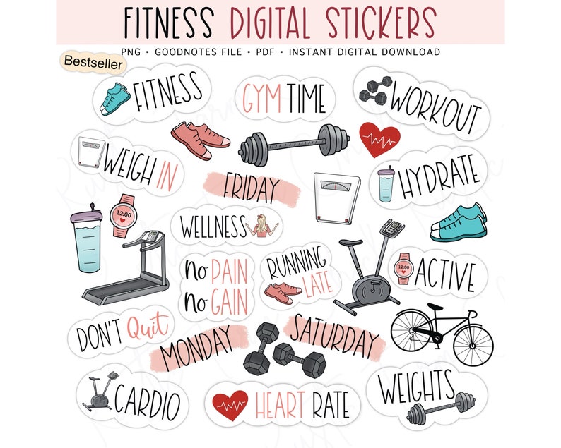 FITNESS Digital Stickers for GoodNotes, Exercise Pre-cropped Digital Planner Stickers, GoodNotes Stickers, Bonus Stickers image 1