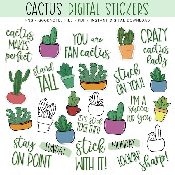 CACTUS Digital Stickers for GoodNotes, Pre-cropped Digital Planner Stickers, GoodNotes Stickers, Bonus Stickers