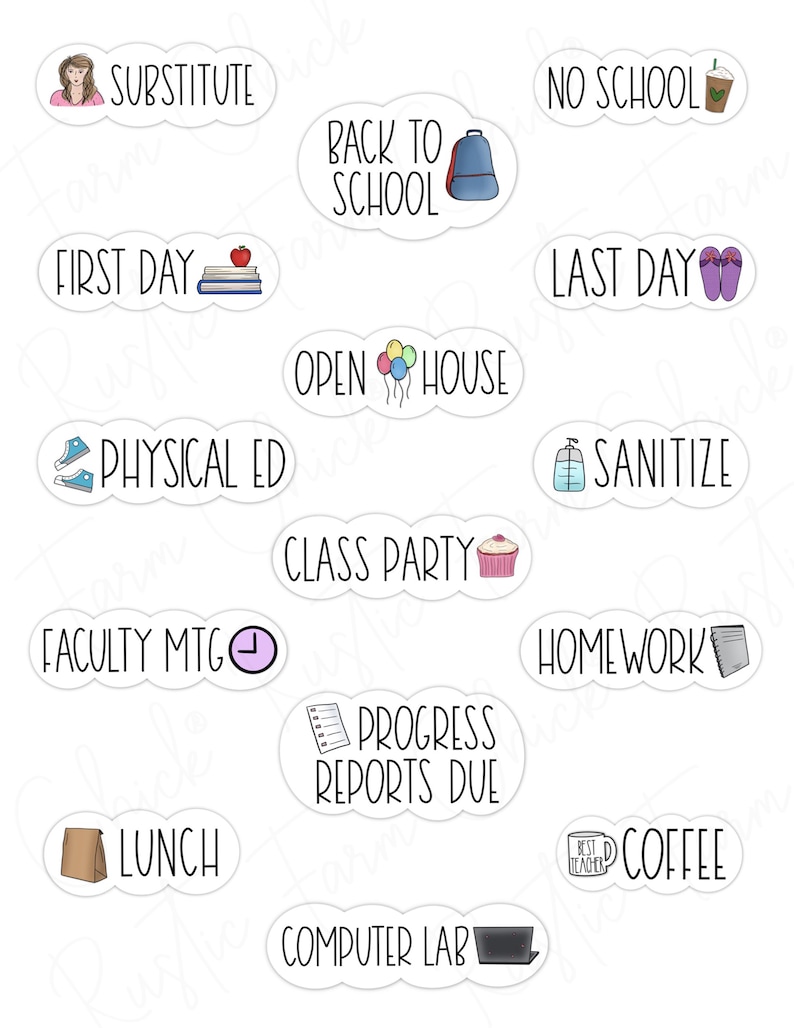Pu&ograve; includere: Una collezione di adesivi a tema scolastico con varie frasi e illustrazioni. Include "Substitute", "Back to School", "First Day", "Physical Ed", "Faculty MTG", "Lunch", "No School", "Last Day", "Open House", "Class Party", "Sanitize", "Homework", "Progress Reports Due", "Coffee" e "Computer Lab".