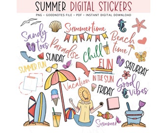 SUMMER Digital Stickers for GoodNotes, Beach Pre-cropped Digital Planner Stickers, GoodNotes Stickers, Bonus Stickers
