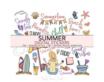 VERANO, Playa, Conchas marinas, Vacaciones, Pegatinas digitales precortadas para agenda, Pegatinas para GoodNotes, Pegatinas de regalo