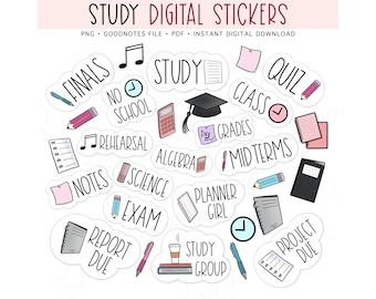 STUDY Digital Stickers for GoodNotes, School Pre-cropped Digital Planner Stickers, Student Stickers, GoodNotes Stickers, Bonus Stickers