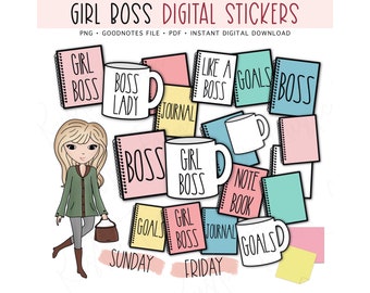 GIRL BOSS Digital Stickers for GoodNotes, Office Work Pre-cropped Digital Planner Stickers, Bonus Stickers