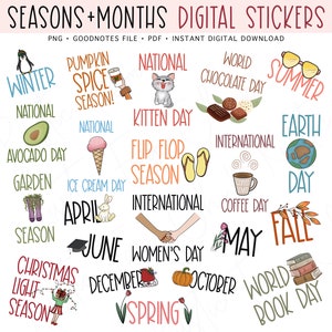 SEASONS & MONTHS Digital Stickers for GoodNotes, Pre-cropped Digital Planner Stickers, GoodNotes Stickers, National Days, Bonus Stickers image 1