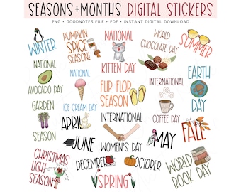 SEASONS & MONTHS Digital Stickers for GoodNotes, Pre-cropped Digital Planner Stickers, GoodNotes Stickers, National Days, Bonus Stickers