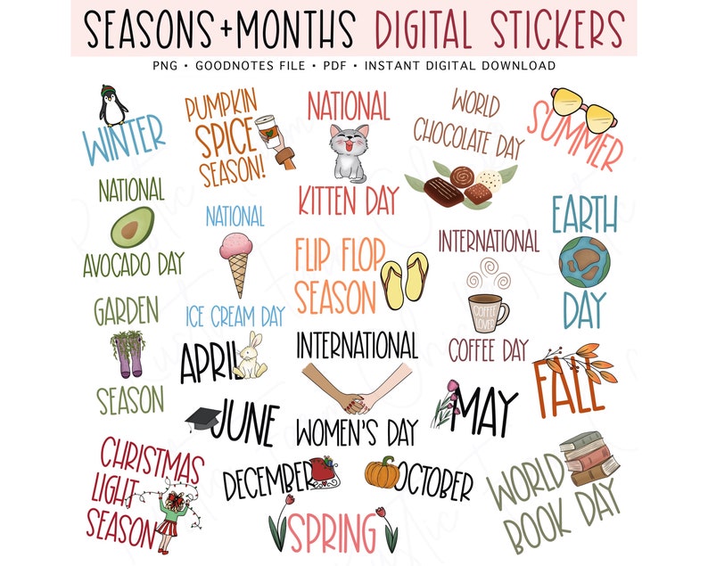 SEASONS & MONTHS Digital Stickers for GoodNotes, Pre-cropped Digital Planner Stickers, GoodNotes Stickers, National Days, Bonus Stickers image 1