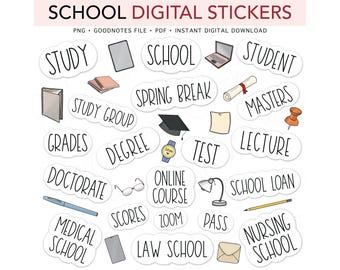 SCHOOL, College, Study, Student, Teacher, Pre-cropped Digital Planner Stickers, GoodNotes Stickers, Bonus Stickers