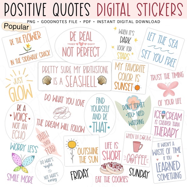 POSITIVE QUOTES Digital Stickers, GoodNotes Stickers, Pre-cropped Digital Planner Stickers for GoodNotes, Bonus Stickers