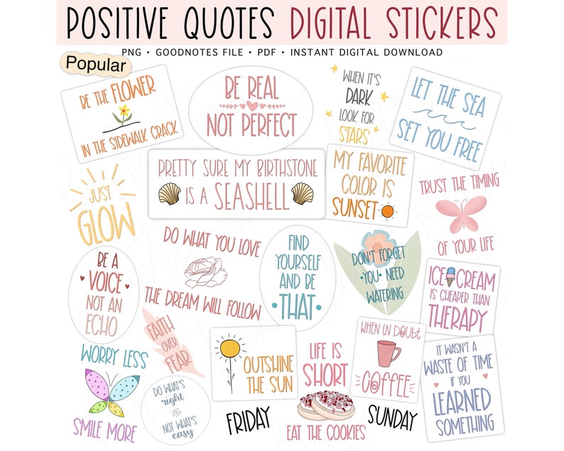 Stickers numériques POSITIVE QUOTES, Stickers GoodNotes, Stickers d'agenda numériques pré-recadrés pour GoodNotes, Stickers bonus image 1