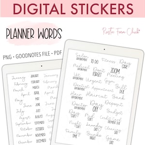 PLANNER WORDS Digital Stickers, Basic Calendar Pre-cropped Digital Planner Stickers, GoodNotes Stickers, Bonus Stickers