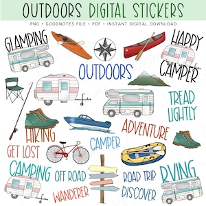 OUTDOORS Digital Stickers, Camping Pre-cropped Digital Planner Stickers, GoodNotes Stickers, Bonus Stickers