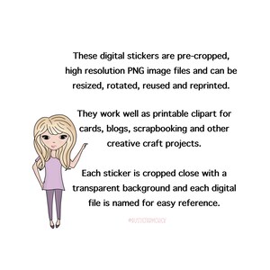 May include: Digital stickers with a cartoon illustration of a girl with blonde hair, wearing a purple top and pants. Text on the image states the stickers are pre-cropped PNG files, suitable for cards, blogs, scrapbooking, and other creative projects.