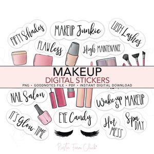 Pegatinas digitales de MAQUILLAJE, pegatinas digitales precortadas para agenda de belleza, GoodNotes, pegatinas de bonificación