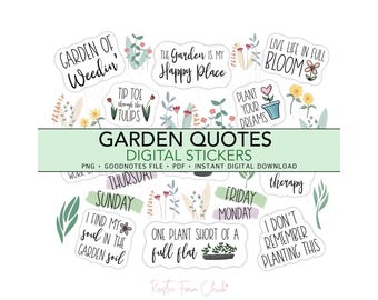 GARDEN QUOTES Digital Stickers, Gardener Sayings, Pre-cropped Digital Planner Stickers, GoodNotes, Bonus Stickers
