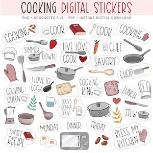 CUISINE Stickers numériques pour GoodNotes, Stickers d'agenda numériques pré-recadrés, Cuisine, Chef, Cuisinier, Nourriture, Plan de menus, Stickers bonus