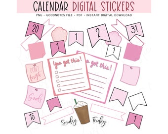 PINK CALENDAR Digital Stickers for GoodNotes Planner, Numbers Pre-cropped Digital Planner Stickers, Bonus Stickers