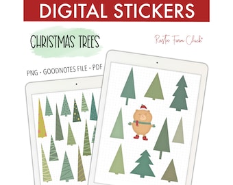 CHRISTMAS TREES Digital Stickers for GoodNotes, Holidays Pre-cropped Digital Planner Stickers, Bonus Stickers