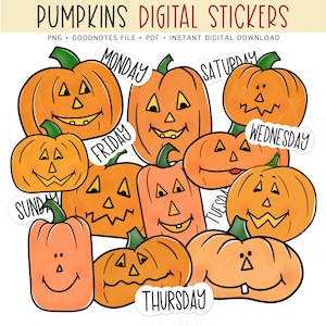 CUTE PUMPKINS Digital Stickers for GoodNotes, Fall Pre-cropped Digital Planner Stickers, PNG Stickers, Bonus Stickers