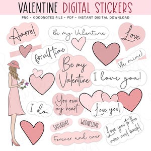 Valentine Planner Stickers, Romantic Pre-cropped Digital Stickers, GoodNotes Stickers