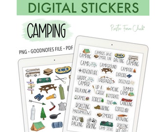 CAMPING Digital Planner Stickers, Outdoors Pre-cropped Digital Stickers for GoodNotes, Bonus Stickers