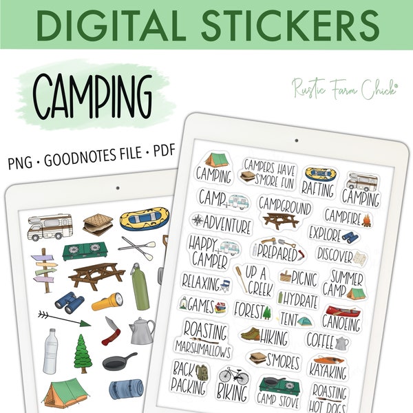 CAMPING Digital Planner Stickers, Outdoors Pre-cropped Digital Stickers for GoodNotes, Bonus Stickers
