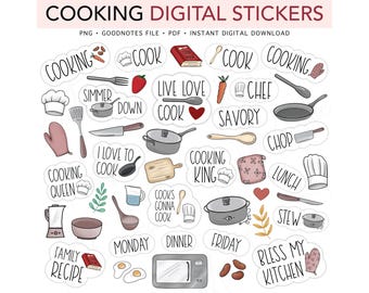 May include: A collection of digital stickers with a cooking theme. The stickers feature various kitchen-related illustrations, including cooking utensils, food items, and text such as "Cook," "Chef," and "Family Recipe." The stickers are in a variety of colors.