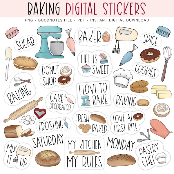 BAKING Digital Stickers for GoodNotes, Bakery Pre-cropped Digital Planner Stickers, GoodNotes Stickers, Bonus Stickers