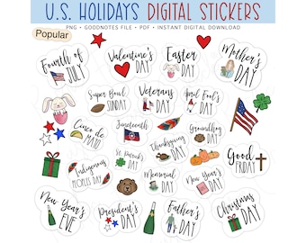 NATIONAL U.S. HOLIDAYS Digital Stickers, Federal Holidays Pre-cropped Digital Planner Stickers for GoodNotes, Bonus Stickers