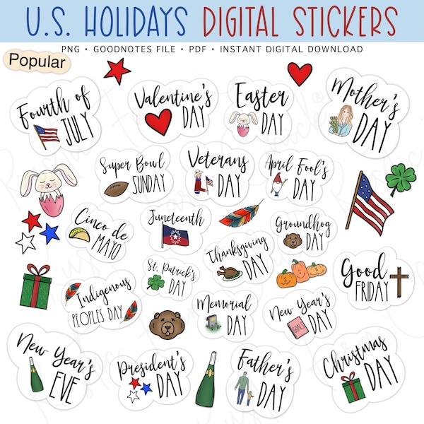 NATIONAL U.S. HOLIDAYS Digital Stickers, Federal Holidays Pre-cropped Digital Planner Stickers for GoodNotes, Bonus Stickers