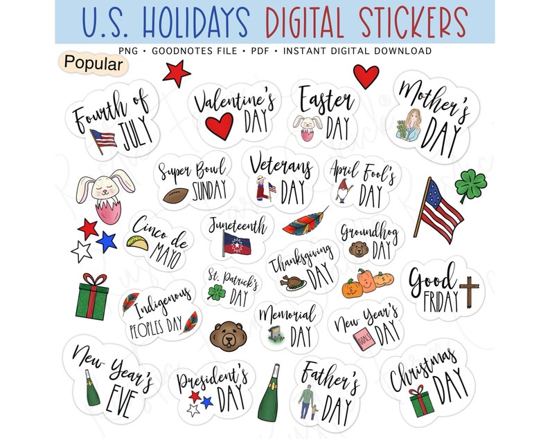 NATIONAL U.S. HOLIDAYS Digital Stickers, Federal Holidays Pre-cropped Digital Planner Stickers for GoodNotes, Bonus Stickers zdjęcie 1