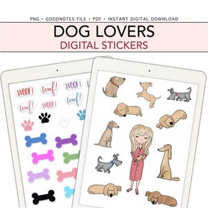 Puede incluir: Dos tabletas digitales que muestran pegatinas con temática de perros. Una tableta muestra huellas de patas, huesos y pegatinas de texto "Woof!". La otra presenta varias ilustraciones de perros y una mujer con un vestido rosa. La pancarta superior dice "DOG LOVERS DIGITAL STICKERS."