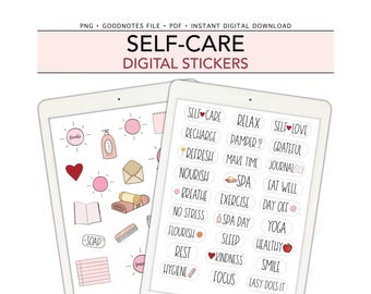 SELF-CARE Digital Stickers for GoodNotes, Wellness Pre-cropped Digital Planner Stickers, Bonus Stickers