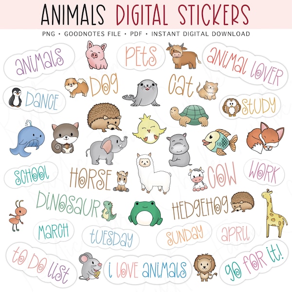 CUTE ANIMALS Digital Stickers for GoodNotes, Pets Pre-cropped Digital Planner Stickers, GoodNotes Stickers, Bonus Stickers