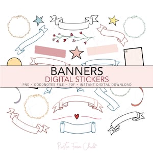 May include: Digital stickers featuring banners, stars, and floral wreaths in pastel colors and black outlines. The image includes the text "BANNERS DIGITAL STICKERS" and file type information.