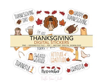 THANKSGIVING Digital Stickers, Turkey Holiday Pre-cropped Digital Planner Stickers, GoodNotes Stickers, Bonus Stickers